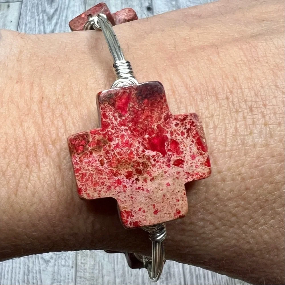 Artisan Stone Gem Bangle Wrist Bracelet Silver Toned Metal Wire Wrapped Handmade - Picture 4 of 10